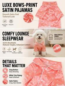 Piyama Hewan Peliharaan Satin Bernapas, Dasar Merah Muda dengan Motif Pita, Gaun Tidur Anjing Tidak Melar, Pakaian Rumah Sepanjang Musim untuk Anjing Kecil dan Teddy, Ukurannya Kecil, Disarankan Memilih 1-2 Ukuran Lebih Besar - Berwarna merah muda - View 3