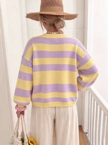 Women's Y2K Lavender & Pale Yellow Striped Cardigan, V-Neck, Dropped Shoulder, Long Sleeve, Vacation Style, Loose Casual Versatile For Autumn/Winter - Purple - View 6