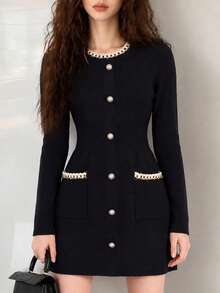 Women's Autumn/Winter Minimalist Elegant Lady Style Round Neck Knit Dress - Black - View 3
