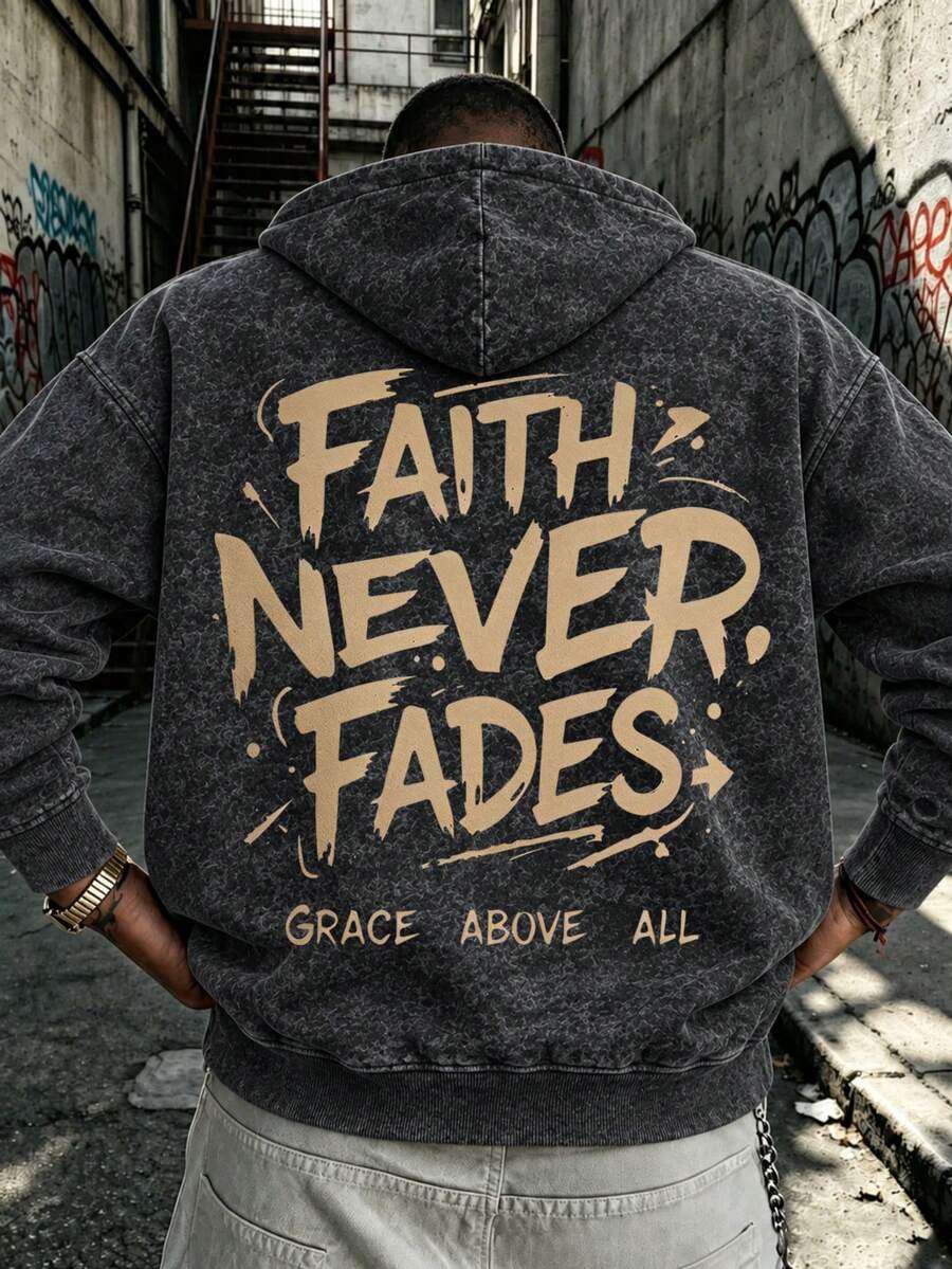 Men's Fashion Sports Faux Washed Distressed Vintage Letter Graphic Print Hoodie Sweatshirt - Black - View 1