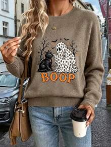 大尺碼女款萬聖節幽靈黑貓 BOOP 字母印花寬鬆圓領套頭毛衣 - 土灰色 - 查看 6