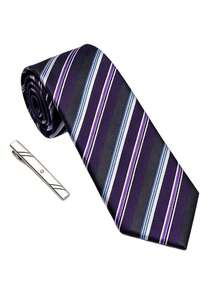 1 Set Business Fashion Casual Minimalist Versatile Premium Daily Men's Tie And Tie Clip Set, Suitable For Work, Interview, Party, Wedding - Deep Purple Black Grey Twill - View 3
