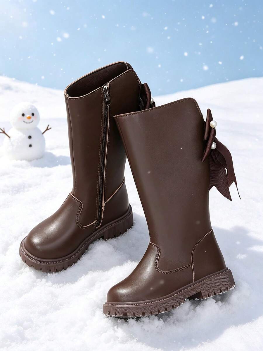 1 Pair Girls' Tall Riding Boots With Pearl Bow, Elastic Soft Sole And Inner Zipper Design, Fashionable Cute Princess Style High-Top Chelsea Boots, Suitable For Daily Wear, School, Holidays, Autumn/Winter New Arrival