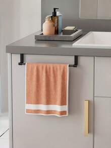 1pc Black Stainless Steel No-Drill Towel Rack, Single Bar Towel Rack, Cabinet Door Hanging Towel Bar, Long Dishcloth Rack, Suitable For Bath Towels, Bath Towels And Hand Towels, Kitchen Cabinet Door Dishcloth Hook. Perfect For Bathroom And Kitchen Towel Storage, Space-Saving, Suitable For Home Use. - Black - View 2