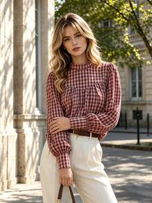 Fall Red Plaid Mock Neck Blouse Women, Front Gathered Puff Long Sleeve Back Keyhole Vintage Shirt - Multicolor - View 10