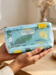 L'Occitane Light Blue Mesh Lemon Print Zipper Cosmetic Bag Transparent Portable Travel Toiletry Pouch Quick Find Skincare Makeup Storage Bag Gift For Women - Baby Blue - View 5