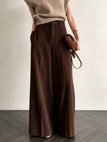 Women's Solid Color Casual Versatile Daily Wear Long Pants - Brown - View 1
