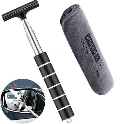 Retractable Car Side Mirror Wiper Set With Microfiber Cleaning Cloth - Extendable Rearview Mirror & Glass Wiper, Portable Cleaning Tool For Car Interior/Exterior In Rain & Fog
