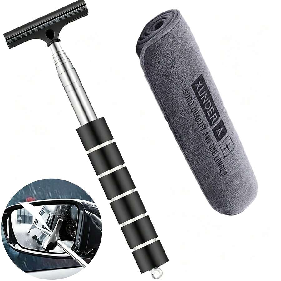 Retractable Car Side Mirror Wiper Set With Microfiber Cleaning Cloth - Extendable Rearview Mirror & Glass Wiper, Portable Cleaning Tool For Car Interior/Exterior In Rain & Fog