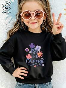 Girls' Cute Printed Drop-Shoulder Round-Neck Long-Sleeve Casual Sports Sweatshirt - Black - View 9