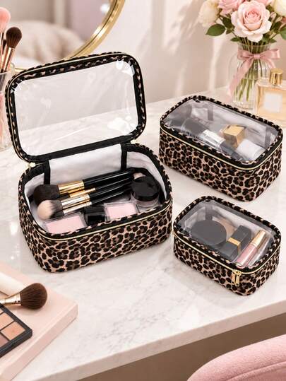 Bolsa de maquillaje con estampado de leopardo, bolsa de cosméticos, bolsa de aseo, bolsa organizadora de viaje, bolsa de maquillaje de gran capacidad, bolsa de maquillaje para mujer, bolsa de almacenamiento de cosméticos, artículos esenciales de viaje, bolsa de aseo unisex
