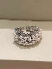 1pc Luxury Niche High-End Crown Fashion Elegant Versatile Index Finger Ring Multi-Layer Sparkling Rhinestone Pearl Ring For Women - Multicolor - View 5