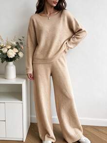 Women's Oatmeal Ribbed Knit Boat Neck Long Sleeve Top & Wide Leg Pants Two Pieces Set, Cozy Casual Loungewear Daily Wear - Oatmeal Color - View 2