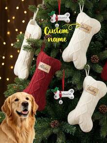 1/2pcs Personalized Pet Christmas Stocking Dog Bone Ornament Set, Custom Pet Christmas Stocking, Holiday Decor Stocking, Festive Tree Hanging For Dog Owners, Unique Xmas Gift For Pet Lover - Multicolor - View 1