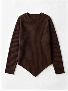 Korean Style Lazy Vertical Stripe Knit 2 Pieces Set, Waist-Cinching Split Top And High-Waist Flared Pants Commuter Outfit - Brown - View 9