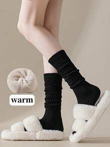 1/2/3 Pairs Women's Loose Pleated Knee-High/Mid-Calf Skateboard Socks, Warm Thick Lining, Solid Color Design, College Style Vintage, Suitable For Autumn/Winter Matching JK, Street Style Outfits - Multicolor - View 6