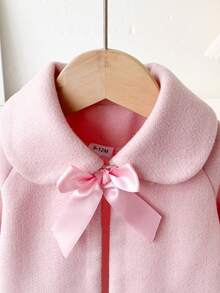 Autumn/Winter French Style Baby Girl Cute Pink Solid Color Lapel Overcoat Princess Bow Short Outwear Top - Pink - View 4