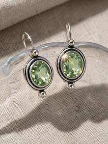 1 Pair Minimalist Silver-Plated Olive Green Crystal Drop Earrings, French Vintage Oval Rhinestone Water Drop Dangle Earrings, Elegant Gemstone Jewelry Accessory, Suitable For Women's Daily Wear And Dating Gifts - Silver - View 3