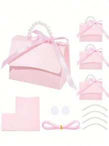 1/5/10Pcs Faux Pearl Decorative Gift Bags, Minimalist Party Packaging Bags, Pink Gift Bags With Handles, Paper Gift Boxes With Pearl Handles Decoration, Suitable For Valentine's Day And Wedding Gifts,Embossed Flower Boxes For Mini Packaging Bags - Pink - View 9