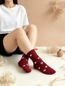 5 Pairs Minimalist Small Heart Jacquard Mid-Calf Socks, Multi-Color All-Match Heart Pattern Socks, Versatile Casual Socks For Girls - Multicolor - View 2