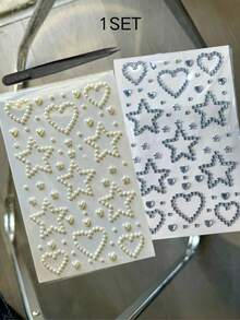 1pc/1set Pearl & Rhinestone Combination Decorative Stickers, Comes With Exclusive Tweezers, Heart & Star Shapes, 3D Embossed Texture, Self-Adhesive Backing, Decoration Patches For Phone, Earphones, Laptop, - Heart and Star - View 13