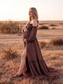 Bump Style Bohemian Maternity Cold Shoulder Dress, Bishop Sleeves, Ruffle Hem, Long Woven Fabric Dress, Suitable For Photography - Coffee Brown - View 5