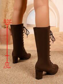 2026 New Round Toe Chunky Heel Women's Ankle Boots, Height-Increasing Versatile Lace-Up Ankle Boots For Autumn/Winter - Brown - View 6