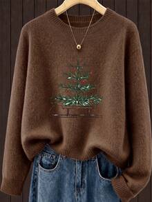 Women's Plus Size Long Sleeve Pullover Sweater, Vintage Hand-Painted Sleigh & Christmas Tree Print, Loose Casual Top, Suitable For Autumn/Winter - Dark Ochre - View 10