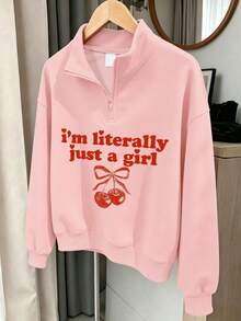 2pcs/Set Girls Half-Zip Polo Collar Letter & Cherry Print Sweatshirt With Casual Wide Leg Pants, Sweet Style Autumn/Winter Outfit - Pink - View 3
