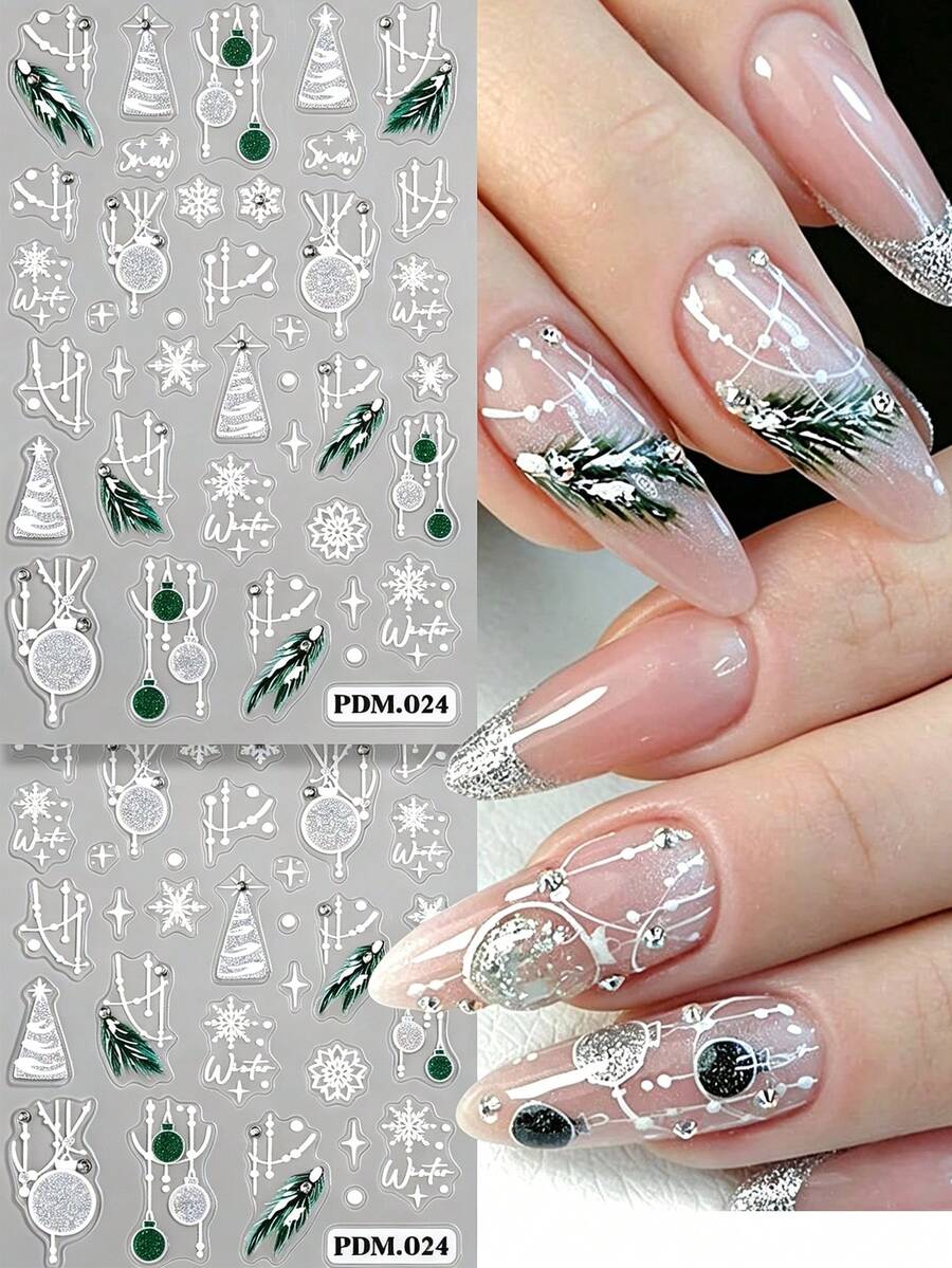 2 Sheets Christmas Nail Art Stickers With Rhinestone, Silver Glitter Snowflake Xmas Tree Pine Branch Bauble Winter Self-Adhesive Nail Decals, DIY Manicure Decorations - Multicolor - View 1