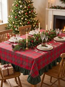 1pc Red & Green Classic Large Plaid Tablecloth, Traditional Country Style, Rectangular Green Leaf Edge With Pleated Details, Stain-Resistant Protective Table Cover, Functional Home Long Tablecloth Suitable For Christmas Family Gatherings And Winter Holiday Kitchen Decor - Red - View 9