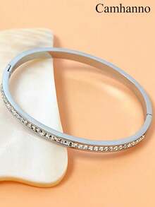 1pc Fashionable Cube Shaped Cubic Zirconia Stainless Steel Bracelet Suitable For Women - Silver - View 20
