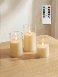 3pcs Set Transparent LED Flameless Candles With Remote Control, Battery Operated White Pillar Candles, Flickering Candlelight For Home/Wedding Decor, Suitable For Home/Thanksgiving/Christmas Table Decoration - White - View 1