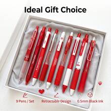 9PCS Red Theme Ballpoint Pen Set, Click-Action Snap Structure, Multiple Pen Barrel Styles, Notebook Recording, Problem Solving, Handwriting, Office Stationery Set, 0.5mm Writing Tip, Student Office Daily Note-Taking And Problem Solving Stationery Set - Sets - View 7