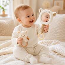 1 SET Mainan Gigit Bayi Bentuk Domba dengan Cermin Genggam & Mainan Kerincingan, Cermin Akrilik, Mainan Gigit Bayi untuk Melatih Sensori Bayi Baru Lahir - Aprikot - View 4