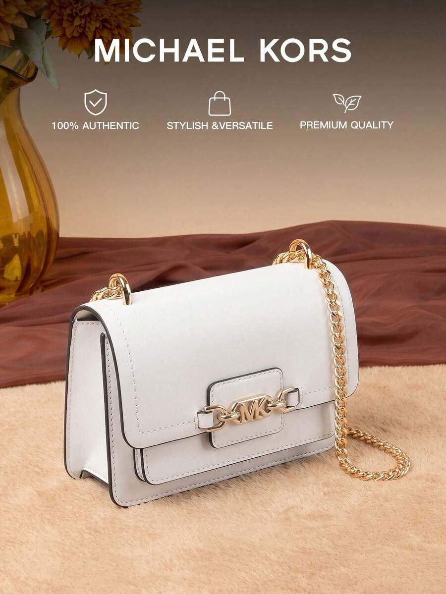 Michael Kors Heather 大號金屬色 Empire 標誌女款單肩包,復古翻蓋斜挎包,適合購物與旅行 - 白色 - 查看 1