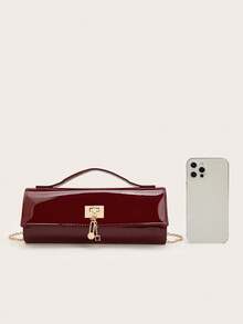 REMANLAND Glossy Burgundy Handbag, Minimalist Square Design, Gold Hardware Accents, Decorative Pendant Chain, Fashionable Choice For Dinner Dates And Parties - Burgundy - View 7
