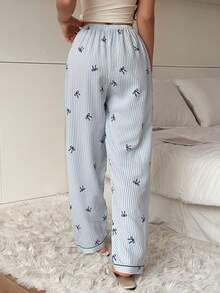 1pc Women's Comfortable Blue & White Striped Bow Print Long Pajama Pants, Soft Polyester, Non-Sheer - Blue - View 2