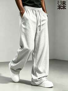 mulinsen Men's Solid Color Wide Leg Sweatpants, Drawstring Elastic Waist Loose Drape Casual Long Pants, Side Pockets, Street Sports Straight Leg Floor-Length Pants - White - View 3