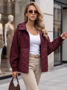 Women's Oversized Hooded Jacket, Quilted Panel, Zip Front, Adjustable Hood, Zip Pockets - Burgundy - View 4