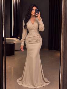 Women's Solid Color Pleated Elegant Waist-Cinching Evening Dress - Champagne - View 4