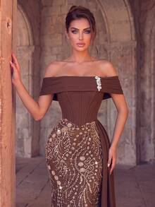 Women's Formal Cold Shoulder Ball Gown, Elegant Knit Maxi Dress With Rhinestone Embellishments And Ruffle Details - Brown - View 7