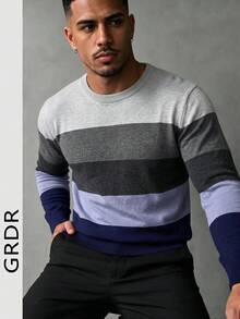 GRDR Men's Round Neck Casual Colorblock Long Sleeve Knit Sweater - Blue - View 8