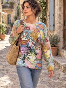 New Women's Fashion Long-Sleeved Round Neck Pullover Sweater, Unique Printed Pattern, Soft And Comfortable, Autumn And Winter Style, Daily Wear - Multicolor - View 3