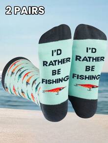 1/2 Pairs Men's Funny Fishing Theme English Mid-Calf Socks, Fun Gift For Fishing Enthusiasts, Unisex Size, Perfect For Birthday Or Small Gift - Multicolor - View 7