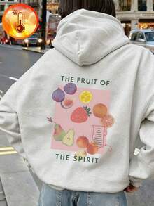 Women's Cute Hooded Sweatshirt, Drop Shoulder Long Sleeve Pullover, Fruit Pattern Print, Ribbed Knit Detail, Suitable For Warm Casual Wear - White Gray - View 4