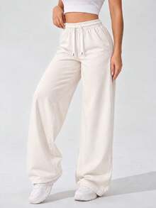 Women High Waist Wide Leg Pants Loose Fit Casual Trousers With Drawstring Waist Solid Color Pants For Everyday Outfit. - White - View 3