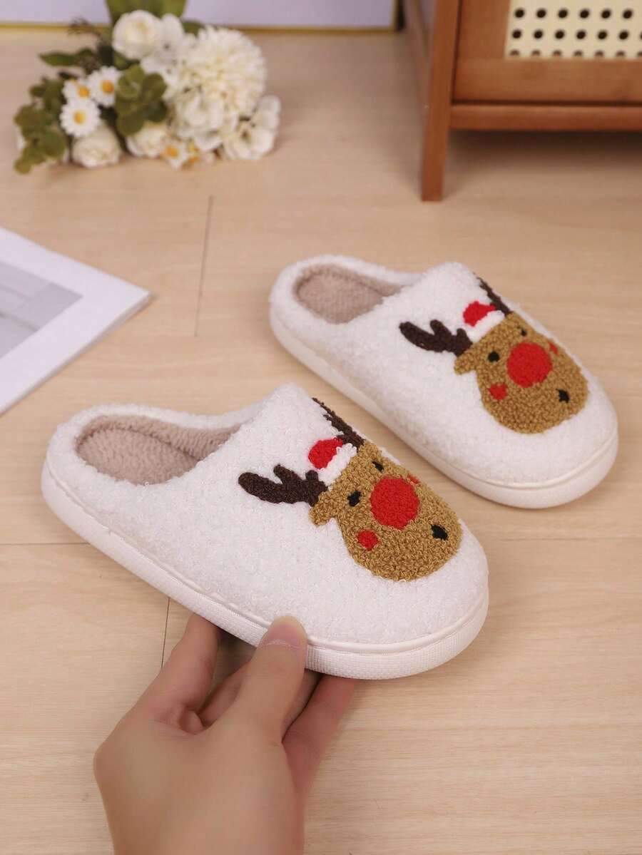 1 Pair New Autumn/Winter Children's Slippers, Christmas Warm Fuzzy Soft Sole Cartoon Pattern Cute Versatile For Boys And Girls, Slippers For Toddlers, Suitable For Indoor And Outdoor Wear - White - View 1