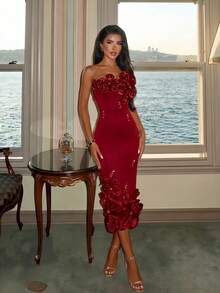 Elegant Women's Long Knit Pencil Dress With 3D Rose And Rhinestone Decor, Sleeveless Strapless Party Dress, Slightly Stretchy - Burgundy - View 2