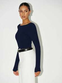 Sexy Backless Round Neck Long Sleeve Tight Bodysuit, Multi-Functional Slim Fit Design, Suitable For Spring And Autumn, Deep Blue Tight Bodysuit - Dark Blue - View 4